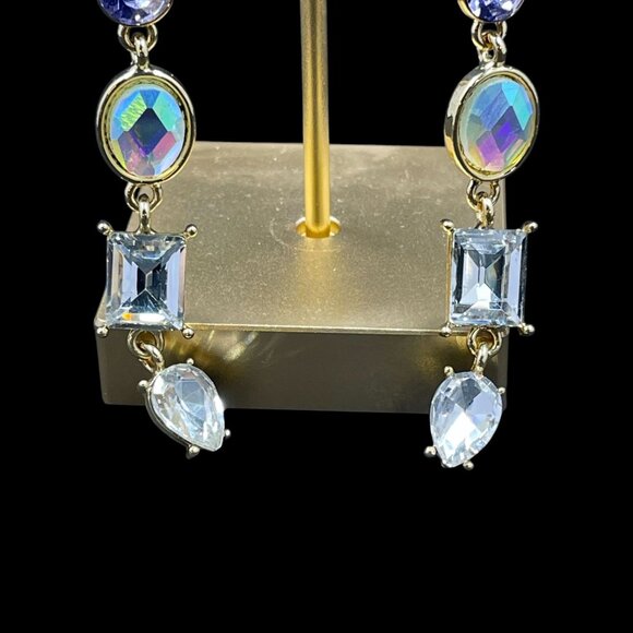 Long Crystal Drop Earrings Gold Tone Blue Pastel Statement Glam Event Jewelry - Picture 3 of 6